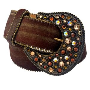 Leatherock Womens M 34 Western Bejeweled Buckle Belt Brown Suede Gold Metallic